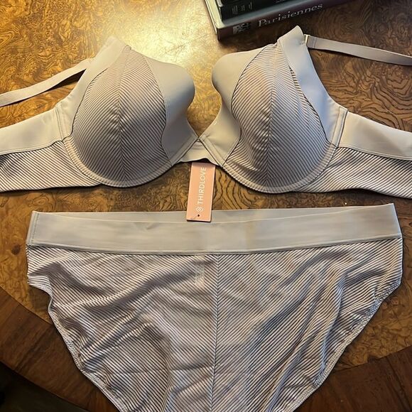 Thirdlove Shadow Stripe Uplift Plunge Bra 40D matching Shadow Stripe Hipster 1X - Picture 4 of 9
